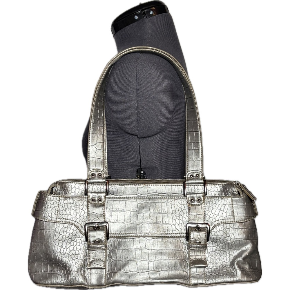 Vtg Y2K Silver Metallic Croc Embossed Shoulder Bag McBling Mob Wife Purse DAMAGD